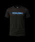 Black t-shirt with 'Pickleball' printed in blue on a white background